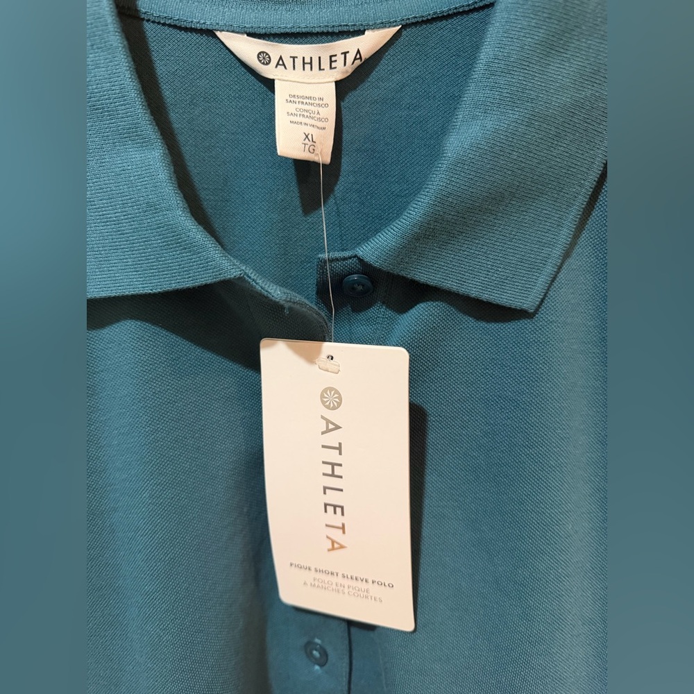 NWT Athleta Classic Pique Short Sleeves Polo Shirt Top w. Buttons - Teal - Sz XL - Picture 6 of 11